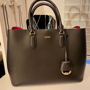 Ralph Lauren black and red leather large tote with gold hardware with strap